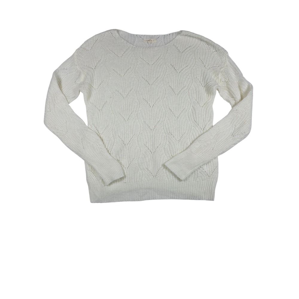 Crochet Sweater Pointelle Open Knit Long Sleeve XL White Boho Coastal